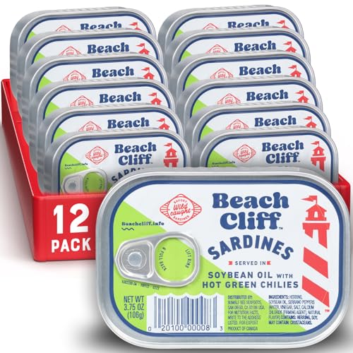 Beach Cliff Wild Caught Sardines in Soybean Oil with Hot Green Chilies, 3.75 oz Can (Pack of 12) - 17g Protein per Serving - Gluten Free, Keto Friendly - Great for Pasta & Seafood Recipes