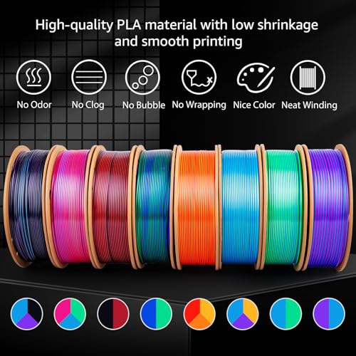Image of Silk 3D Printing Filament PLA+ Multicolor 8 Packs- 4 Dual Colors Spools & 4 Tricolor Spools - 1.75mm 3D Printing PLA Pro 250g x 8 Bundles