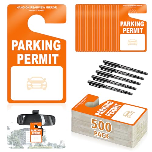 500 PCS Plastic Parking Permit Hang Tags Orange Blank Rearview Mirror Placards Thick 18 Mil Waterproof PVC 3x5 Inch Single-Sided Printing with 5 Marker Pens for Temporary Parking Passes