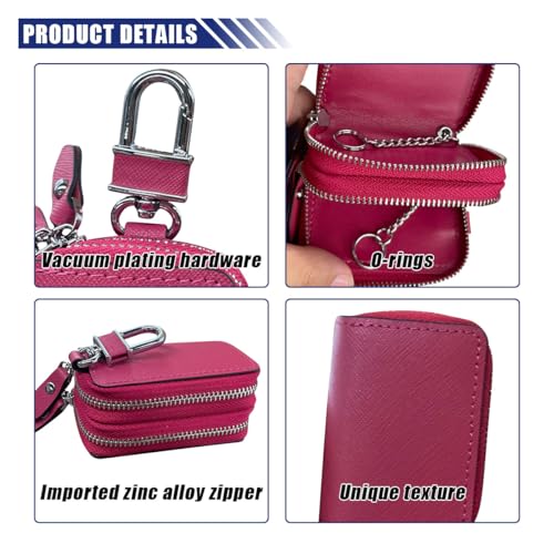 Image of BDZMC Car Key Case, Genuine Leather Car Keychain Holder, 2 Sides Pocket Car Key Fob Zipper Bag, Car Key Case for Women Men(Rose Red)