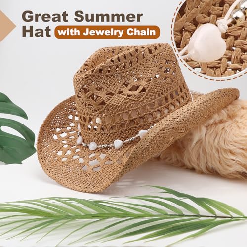 Image of DRESHOW Straw Cowboy Cowgirl Hat for Women Men Western Coastal Cowboy Beach Hat with Shapeable Brim Unisex Rolled up Caps