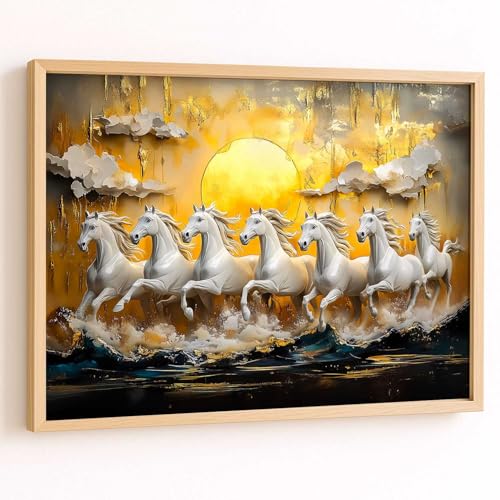 Image of HOTHOUSE 7 Horses Vastu Frame Wall Art Painting for Living Room Bedroom Office Home Decor | Seven Running Vastu Lucky Horse Rising Sun Painting Wall Decor Size (19X25 inch)