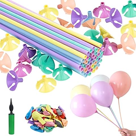 Pack of 50 balloon sticks, eco balloon sticks with 50 balloon holders, 50 colourful balloons, 1 balloon pump, for party, wedding, celebration accessories Cover