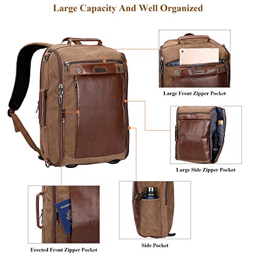 WITZMAN Canvas Backpack Travel Backpack for Men Luggage Backpack Duffel Bag Vintage Rucksack Fits 15.6 inch Laptop (W2072M Brown)