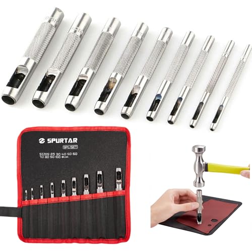 Spurtar Lot de 9 poinçons creux en acier de 2,5 à 10 mm pour le cuir, pour montres, tissus, ceintures, joints avec sac de rangement