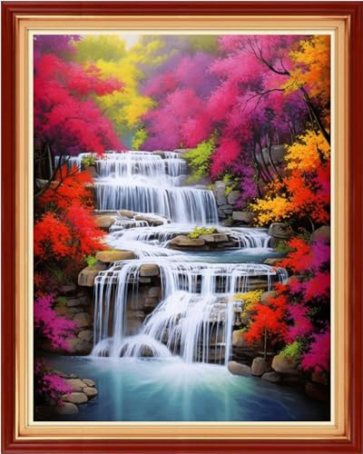 Image of Dooxvey Cross Stitch Kits for Adults Beginners,Full Range of Cross-Stitch Stamped Kits Needlepoint Kits for Beginners Embroidery Kits 11CT Cross Stitch Patterns-Autumn Waterfall 16x20 inch