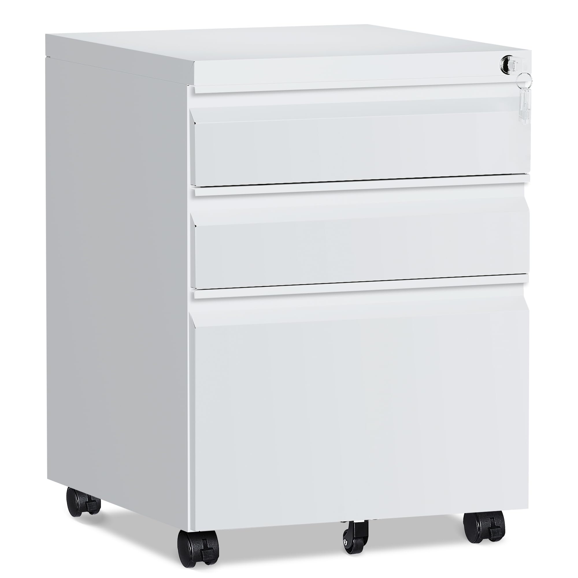 RAVIGIN 3 Drawer File Cabinet，Mobile Filing Cabinet with Lock and Wheels，Un-Assembled Metal Under Desk File Cabinets for A4/Letter/Legal Size（White