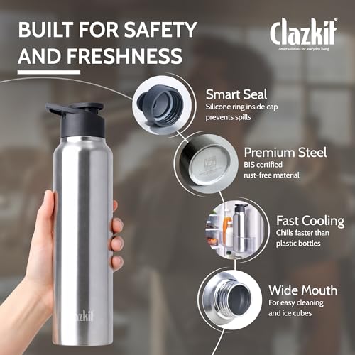 Image of Clazkit Amaze Stainless Steel Water Bottle 1 Litre, Leakproof BPA Free Steel Bottle for Gym, Office & School, Rust Free Durable Drinking Bottle, Fridge Safe, ISI Certified, Sporty Cap