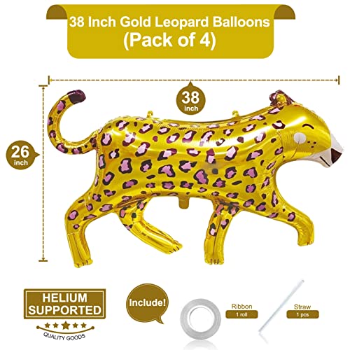 Big 38 Inch Gold Leopard Balloons Foil Cheetah Shaped Animal Balloons Cartoon Animal Leopard Wildlife Balloons For Jungle Safari Theme Backdrop Kids Birthday Party Decorations(Pack Of 4) #TOP1
