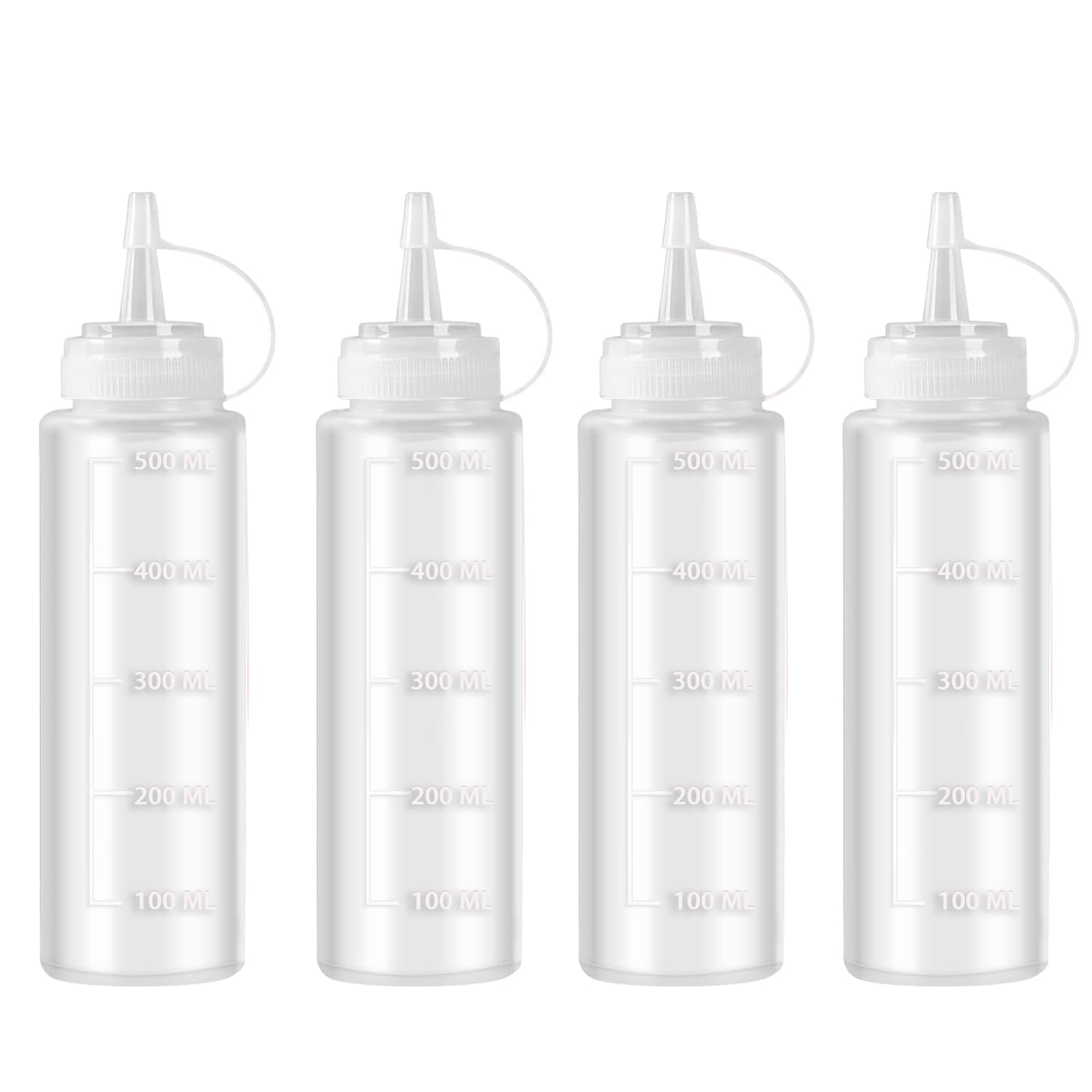 Qcdou Squeeze Bottle, 4 Pack Squeezy Sauce Bottles, 500ml Plastic Bottles with Lids, Reusable Liquid Container, Seasoning Dispensers for Hot Sauce, Salad, Sauce, Ketchup, Mustard, Oil
