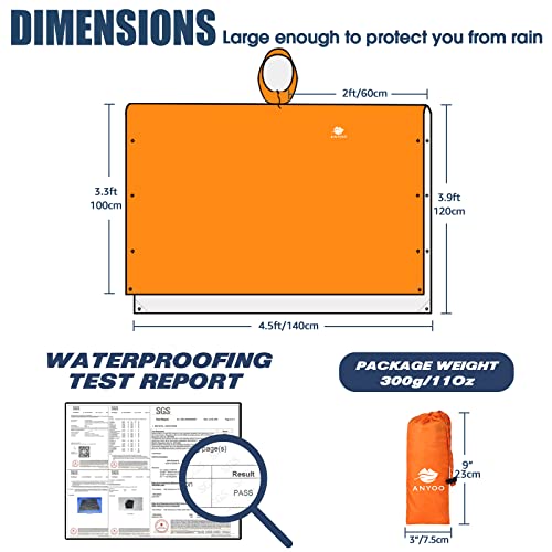 Anyoo Waterproof Rain Poncho Lightweight Reusable Hiking Hooded Coat Jacket For Outdoor Activities(Orange) One Size #TOP4