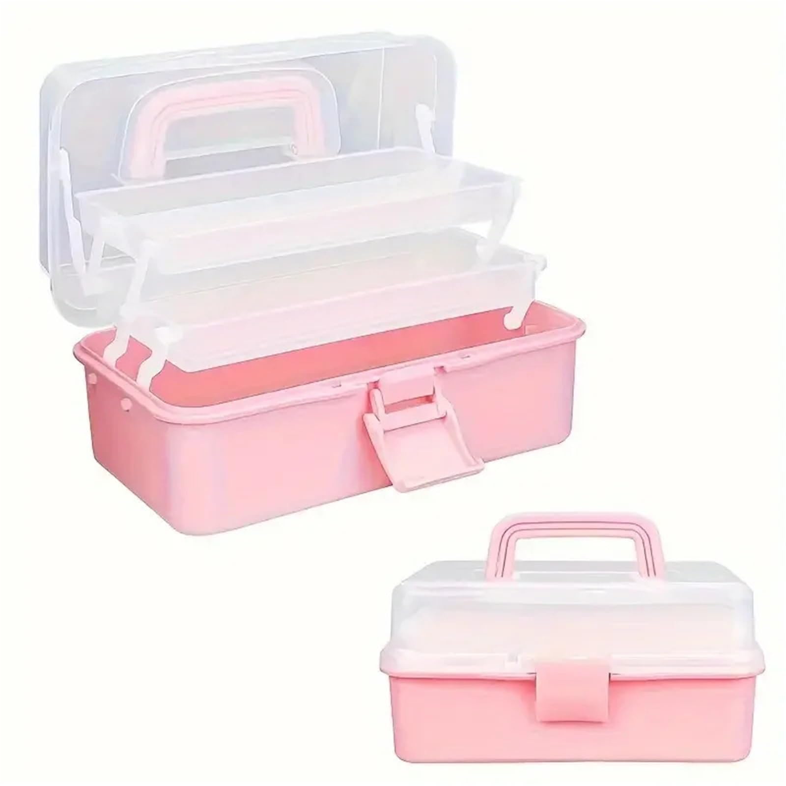 Sewing Box Three Layer Plastic Arts and Crafts Storage, Folding Toolbox, Miscellaneous Art for Home(Pink)