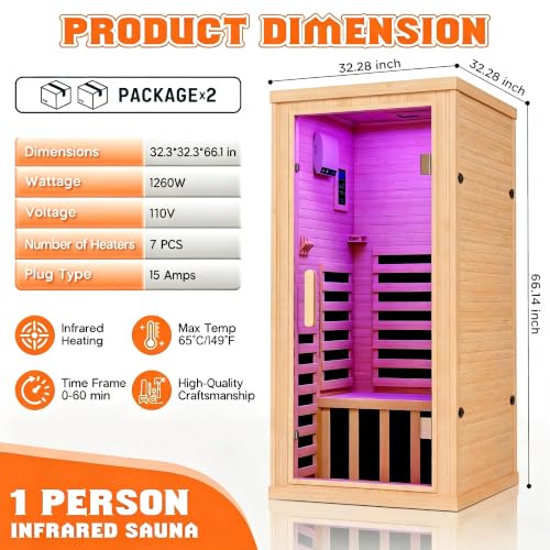Albott 1 Person Infrared Sauna with 7-Color Light Therapy, Low EMF 1260W - Image 2