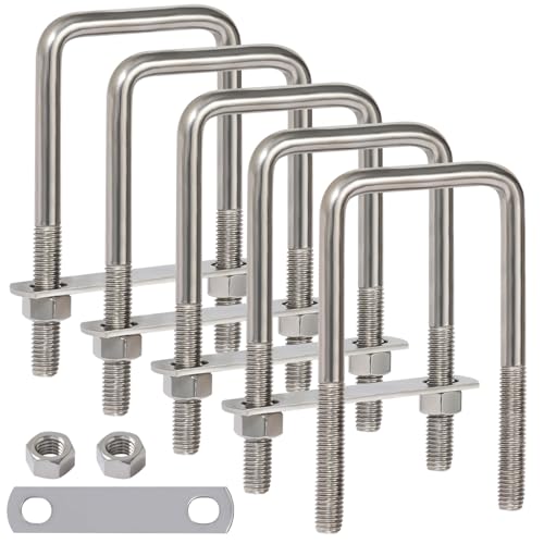 Image of LIONMAX U Bolts 3 Inch Wide, 5 Pack, 1 /2 inch D x 3-1 /16 inch W x 5-5 /16 inch L, M12 | Stainless Steel Square U Clamp, Corrosion Resistant, with Plates, Washers, Nuts, Heavy Duty for Trailer, Boats, Tube, 3 inch Wide