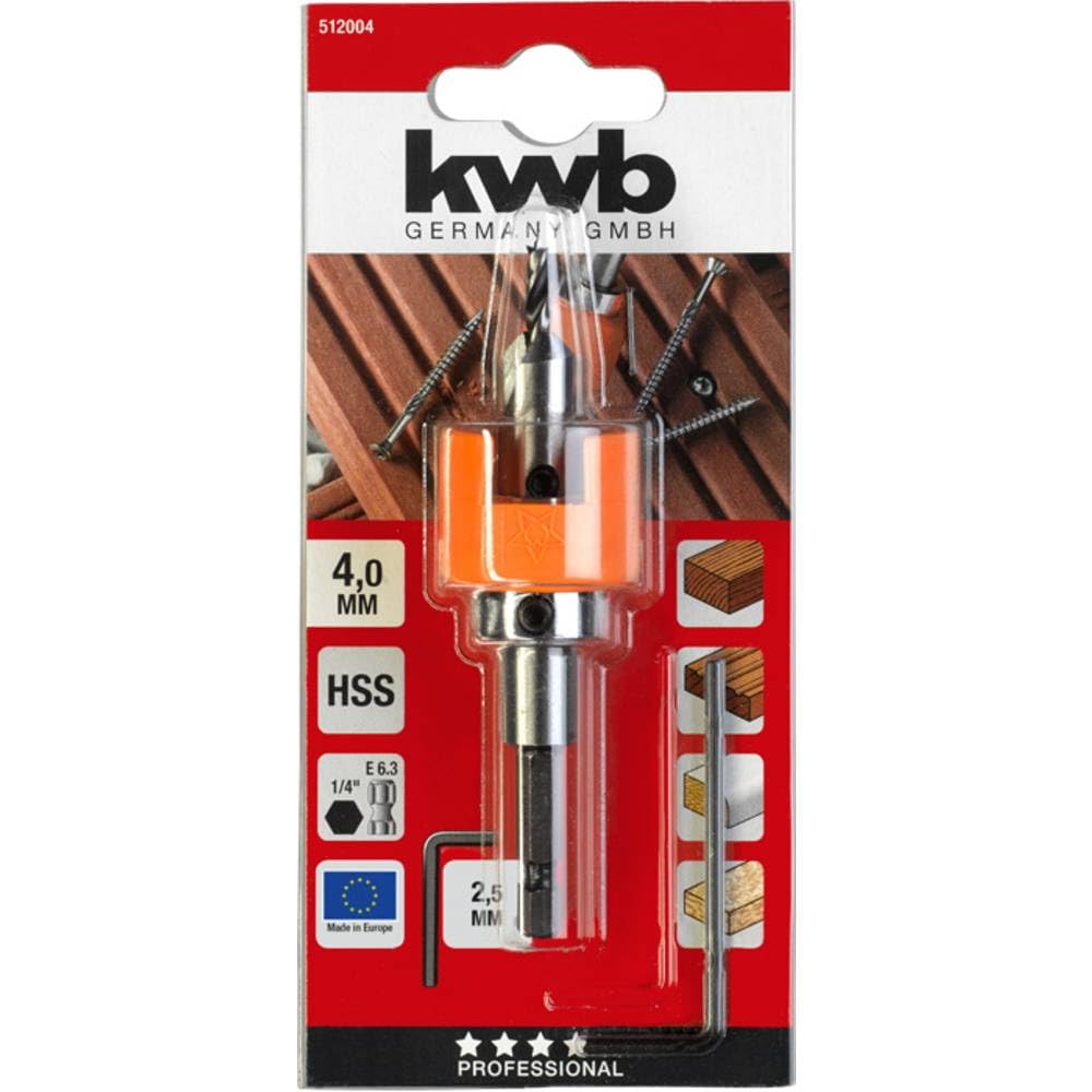 kwb Wiertarka do twardego drewna HSS-M2 z ogranicznikiem głębokości i pogłębiaczem, Ø 4 mm