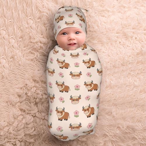 Image of Cow Swaddle Blanket with Hat for Baby, Swaddling Highland Cow Baby Stuff