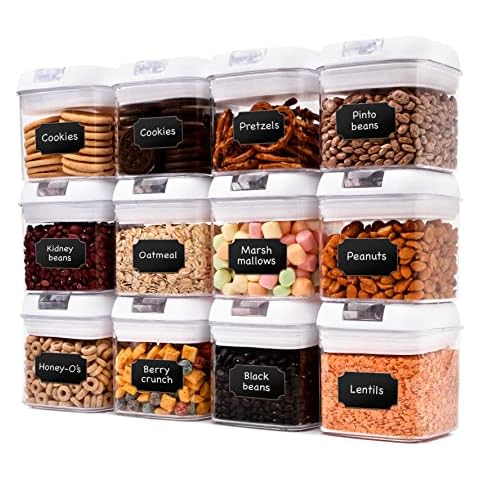 Cheer Collection One Size Airtight Food Storage Containers - Set of 12 IDENTICAL 17 oz Pantry Organizer Bins plus Marker and Labels - White Lids Cover