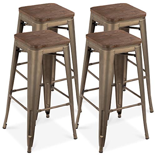 Best Choice Products Set of 4 Indoor Outdoor 30in Industrial Stackable Backless Steel Bar Height Stools w/Distressed, Weather-Resistant Finish, Wooden Seats, Rubber Cap Feet - Bronze