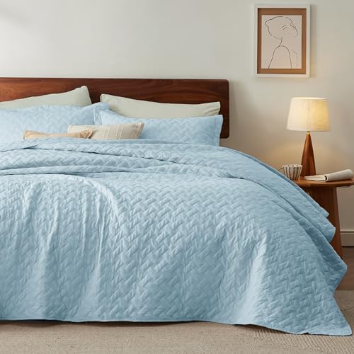 Image of Bedsure Quilts Queen Size - Lightweight Bedspreads Queen Size with Basket Weave Pattern, Soft Quilt Bedding Set, Sky Blue Comforter Set Coverlet for All Seasons with 2 Pillow Shams (90 inch x 96 inch)