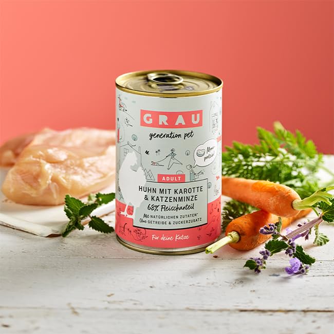 GRAU – das Original – Nassfutter für Katzen - Huhn mit Karotte & Katzenminze, 6er Pack (6 x 200 g), Monoprotein, getreidefrei, für Erwachsene Katzen
