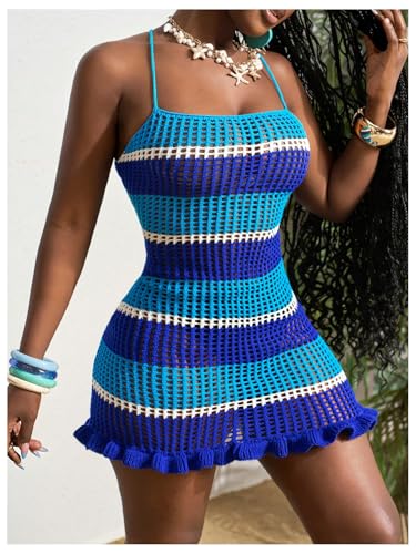 MakeMeChic Women's Striped Crochet Cover Up Mini Dress Lace Up Knit Beach Dresses Swimsuit2