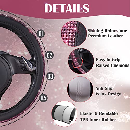Image of CAR PASS Bling Diamond Leather Steering Wheel Cover, Bling Sparkly Crystal Glitter Rhinestones Universal Fit 14 inch 1 /2-15 inch Car Wheel Protect for Women Girl Fit Suvs,Vans,Sedans,Cars,Trucks, Pink Black