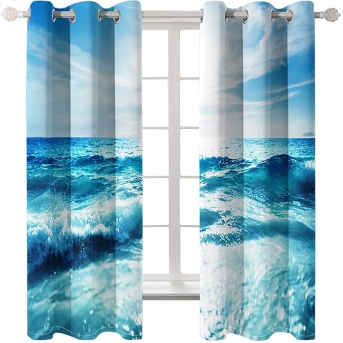 Homxi Cortina Opaca de Salón 2 Paneles,2 x 102W x 229H CM,Cortina Salón con Ojales Agua de Mar y Sol Cortinas Azul Blanco de Ventana