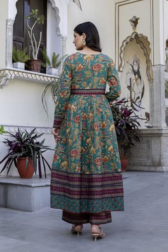 Image of Pistaa's Women's Pure Cotton Anarkali Floral Printed Kurta with Palazzo & Dupatta Set