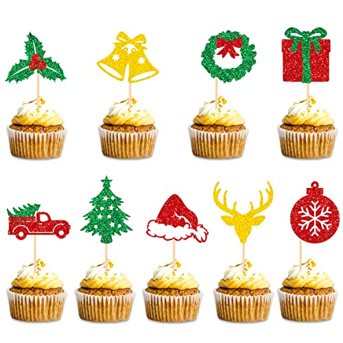 Jkq 36 Pieces Glittery Christmas Cupcake Toppers Christmas Holly Leaves And Berries Santa Hat Xmas Tree Cupcake Picks Merry Christmas Holiday Winter Birthday Party Food Cake Cupcake Decorations #TOP29
