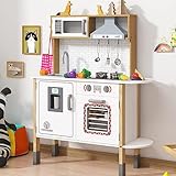 TINYSURE Play Kitchen Set for Kids - Sound and Light Effect Wooden Toy Kitchen Playset with 19 Pcs Toy Food and Cookware Accessories, and Abundant Fun Play Features for Toddlers, Girls, Boys