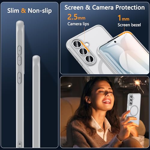 Image of OWKEY for Samsung Galaxy S25 FE Case 6.7'', Magnetic Galaxy S25 FE Case for Magsafe with Tempered Screen Protector [Shockproof Military] Translucent Matte Bumper Phone Cover Samsung S25 FE 5G, Gray
