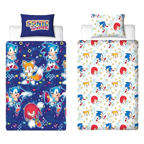 Sonic The Hedgehog Official Single Duvet Cover Set | Liquid Design Reversible 2 Sided Bedding Including Matching Pillow Case | Gaming Single Bed Set Blue with Tails and Knuckles