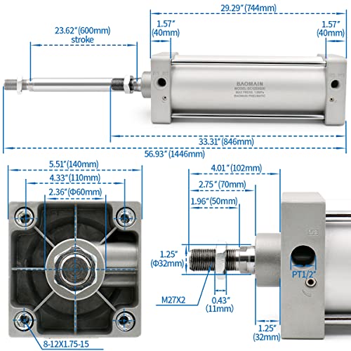 Baomain Pneumatic Air Cylinder Sc 125 X 600 Pt 1/2; Bore: 5", Stroke: 24"; Screwed Piston Rod Dual Action With 4 Fittings #TOP3