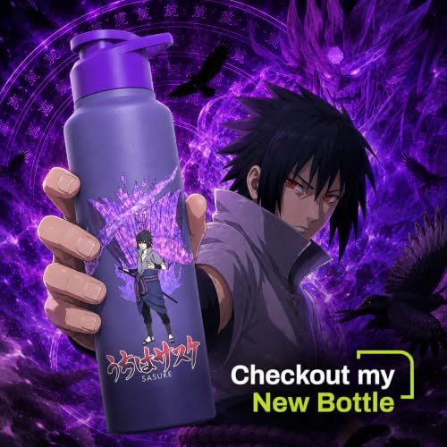 Image of Water Bottle 950ml Stainless Steel Sports /Fridge Bottle with Sipper Cap | 1-Year Warranty | Single Wall| For Home, Office, Gym, Travelling | Lightweight | Naruto Ninja | Purple-Sasuke