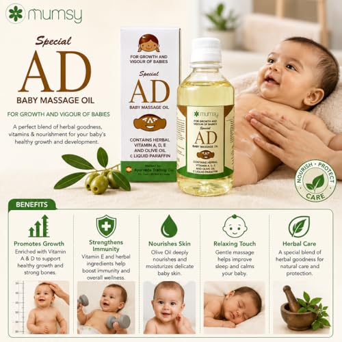 Image of Herbal Vitamin A,D,E and olive Baby Massage AD Oil 100ml for Healthy Babies & Infants || Healthy Skin & Rich Moisturizer for All Skin Types 100 ml (Pack of 2)