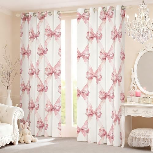 Image of Manfei Pink Bowknot Window Curtain,Dreamy Princess Style Kids Girls Curtain for Adults Teens Kids,Watercolor Bow Geometric Grids White Blackout Window Drapes of 2 Panels for Room Decor,38Wx54L Inches