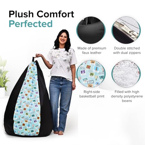 Image of Amazon Brand - Solimo Premium Faux Leather Bean Bag Combo with Footrest & Cushion, Filled with Beans | Capacity: Upto 6 Ft 3 in Height, 120 KG Weight | 3XL | Globe Trotter | Black