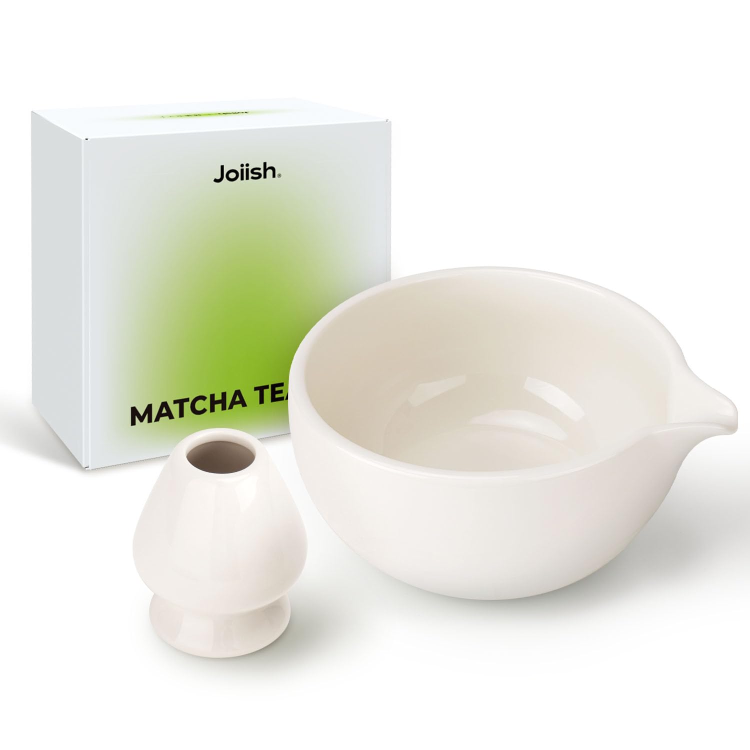 Matcha Bowl and Whisk Holder Set, Ceramic Tea Bowl and Whisk Stand, Matcha Tea Mixing Bowl with Spout (18 Ounce), Whisk Rest, Ivory White