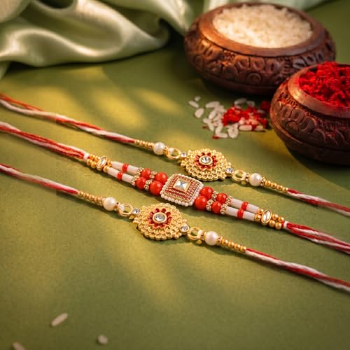 Image of Peora Rakhshabandhan Thread Rakhi for Brother Bhaiya | Crystals & Kundan Studded | Combo, Set of 3 | Rakhi Hamper with Roli Chawal & Greeting Card