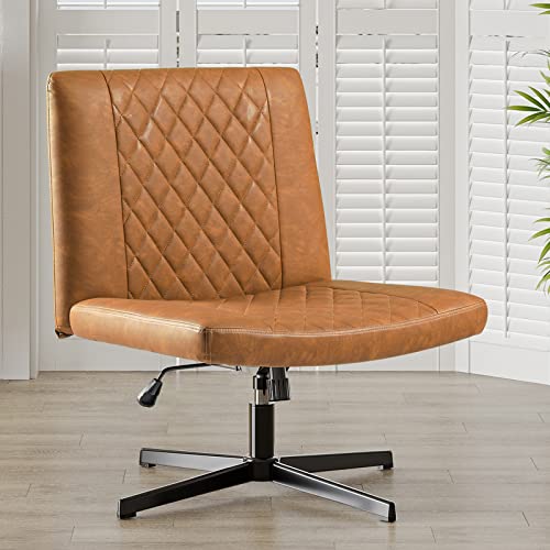 Dictac Leather Office Chair Armless Desk Chair No Wheels, Cross Legged Swivel Chair, Wide Seat Home Office Desk Chair, Capacity 400Lbs #TOP4