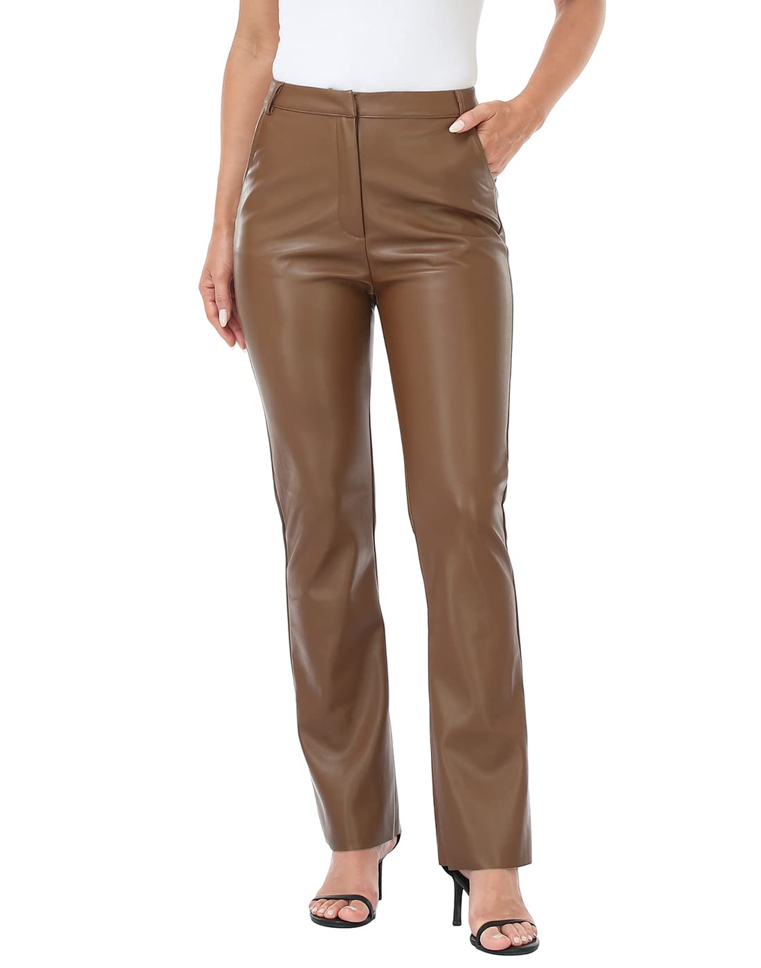 HDE Womens Faux Leather Pants High Waisted Straight Leg Trousers with Pockets