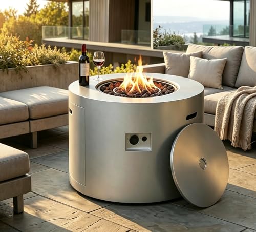 32 Inch Round Propane Fire Pit Table – 50,000 BTU Outdoor Gas Fire Table for Patio, Deck, Backyard, CSA Certified, Alloy Steel with Waterproof Cover, Lava Rocks & Lid, Gray