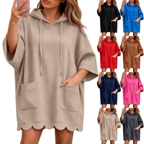 Hoodie Dress for Women 3/4 Sleeve Scalloped Oversized Hoodie with Pockets - image 1