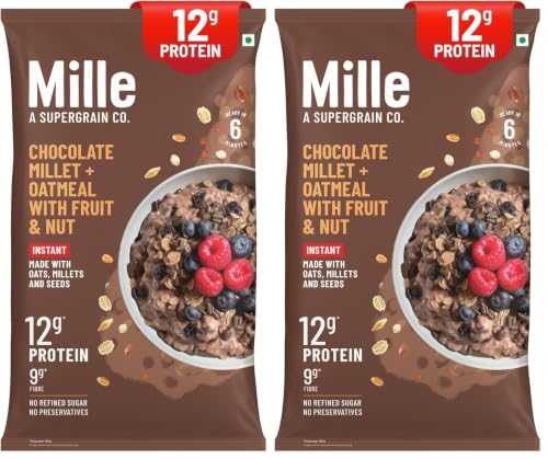 Image of Mille High PROTEIN Chocolate Oatmeal with Fruit & Nuts | Power of 5 grains - Oats, Ragi, Jowar, Barley, Wheat | Flax seeds, Almonds, Raisins | Healthy High Fibre Breakfast Cereal | 400g (Pack of 2)