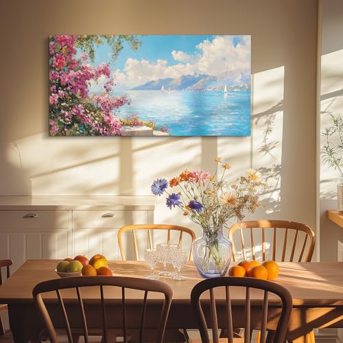 crmotu Coastal Wall Art, Landscape Art Wall Decor, Floral Wall Art, Lake Sailboat Large Artwork, Rustic Pictures Wall Decor Living Room, Bedrooom Art Prints, Cottagecore Peaceful Decoration 24x48inch