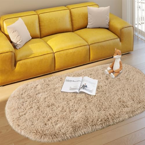 Soft Fluffy Rugs for Bedroom, Beige Fuzzy Shaggy Oval Bedside Area Rug Set of 2, Non-Slip Cozy Plush Shag Carpet for Kids Room Nursery Dorm Living Room, 2.6 x 5.3 Feet