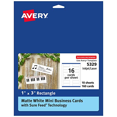 Avery Mini Business Cards, Sure Feed Technology, 1' x 3', Matte White, 160 Small Business Cards Total, Print-to-the-Edge, Laser/Inkjet Printable (5329)