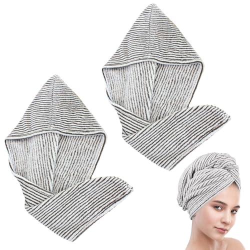 Hair Wrap Towel, 2 Pcs Microfibre Hair Towel, Soft Hair Towel Wrap, Quick Drying Anti Frizz Head Towels Wrap For Women, Salon Hair Turban For Dry Hair (Grey White Stripe)
