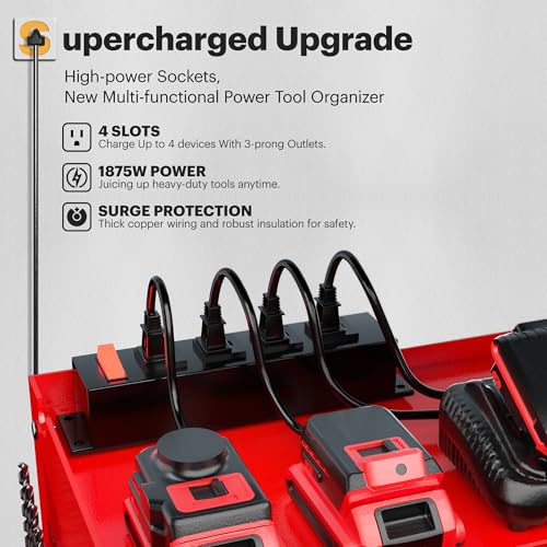 Spampur Power Tool Organizer Wall Mount with Charging Station,Garage Metal Cabinet 15 Min Quick Assembly & Max 150lb load with 6 Outlet Power Strip, 8 Slots Cordless Drill for Workshop/Shed/Tool Room