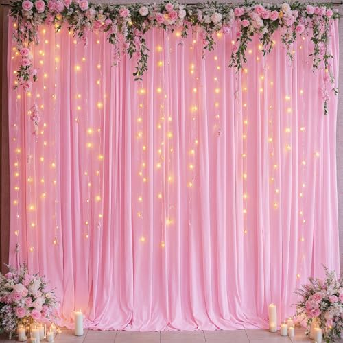 Image of 50ftx12ft Pink Backdrop Curtains for Parties, Wrinkle Free Polyester Pink Photo Backdrop Drapes 10 Panels 12 ft Long Back Drop Cloth for Wedding Birthday Photography Background Party